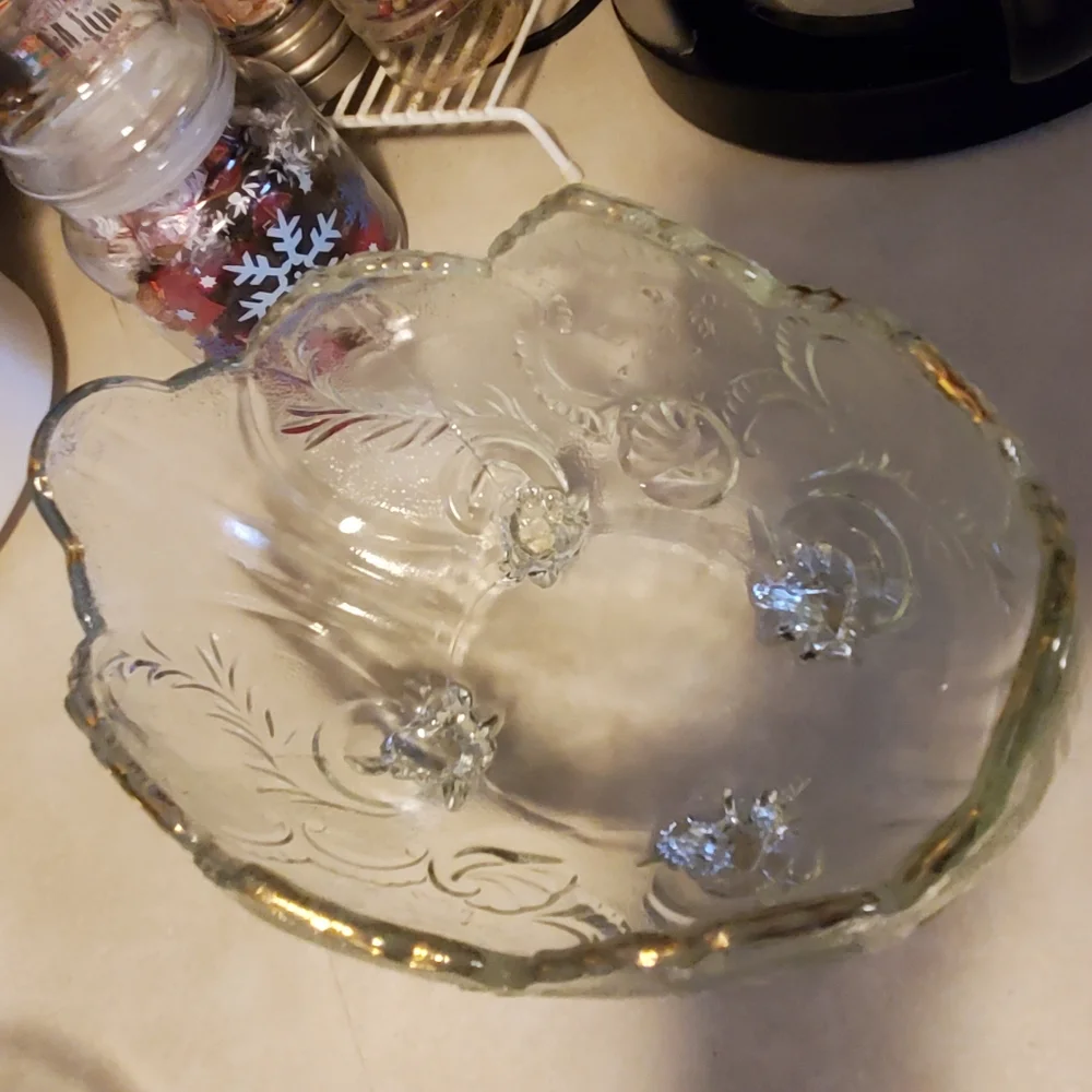 Etched glass footed oval serving bowl with gold trim